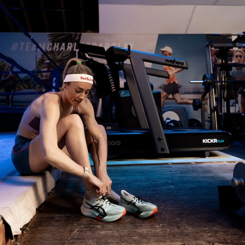 Triathlete training on a Wahoo KICKR RUN smart treadmill