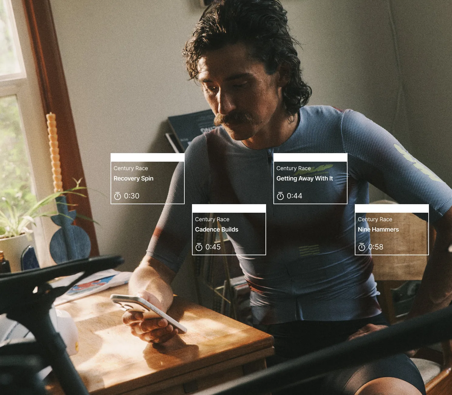 An athlete building a training plan on their phone, plan cards overlaid