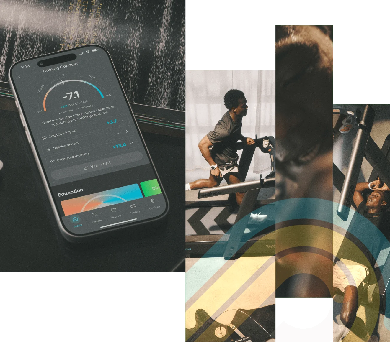 The Wahoo App Training Capacity screen on a smartphone, layered over panels of athletes running on a treadmill and recovering after a workout